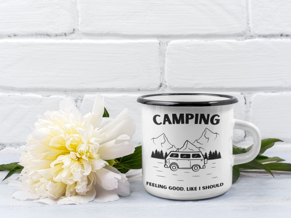 Emaille-Tasse Camping Emaille-Becher Initialen personalisierte Geschenke weiß-schwarz Emailletasse Emaillebecher Kaffeetasse